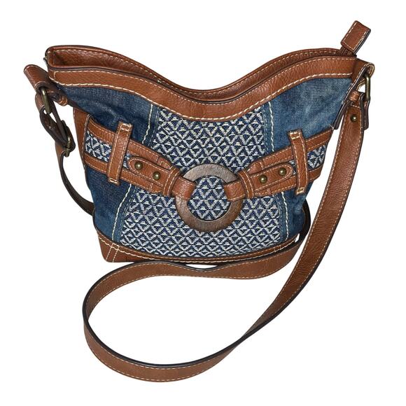B.O.C Handbags - Born B.O.C. Concepts Denim Vegan Leather Western Bucket Saddle Bag Crossbody